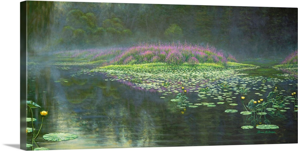 Contemporary painting of a pond with garden.