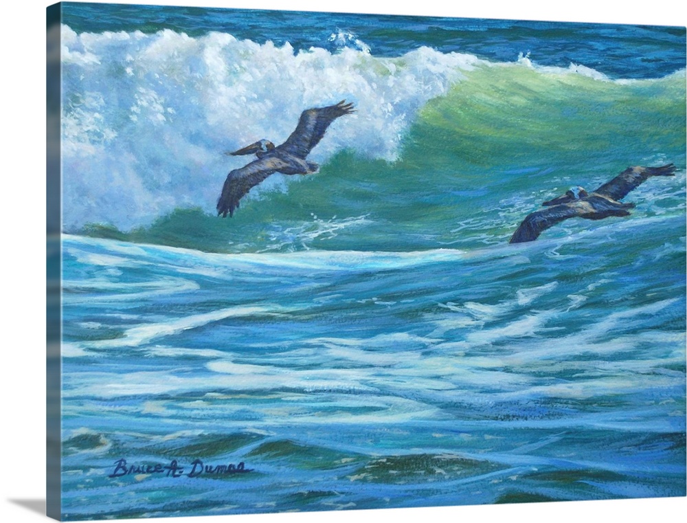 Contemporary painting of two pelicans soaring over a wave about to crash in the ocean.