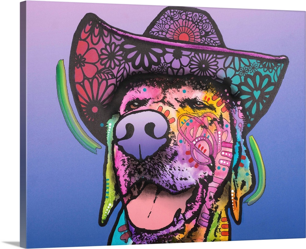 Playful painting of a dog wearing a floral designed cowboy hat on a purple and blue background.