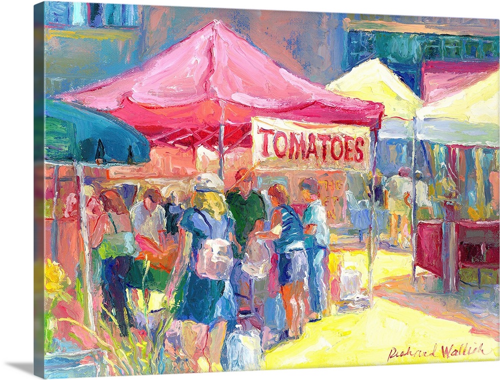 People shopping at the tomato stand in the farmer's market.
