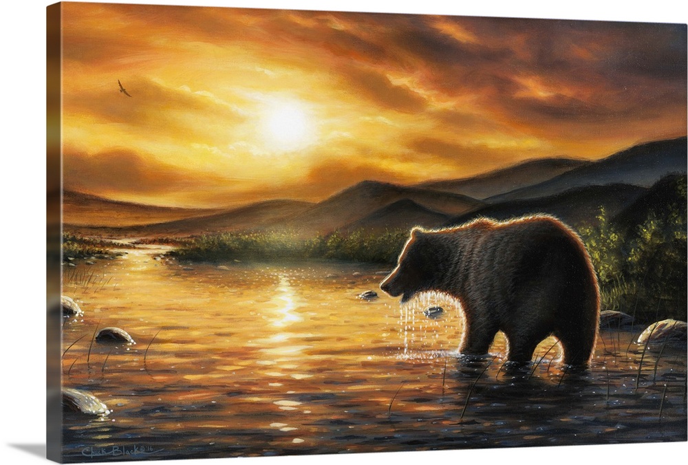 A contemporary idyllic painting of a bear trying to catch fish in a river.