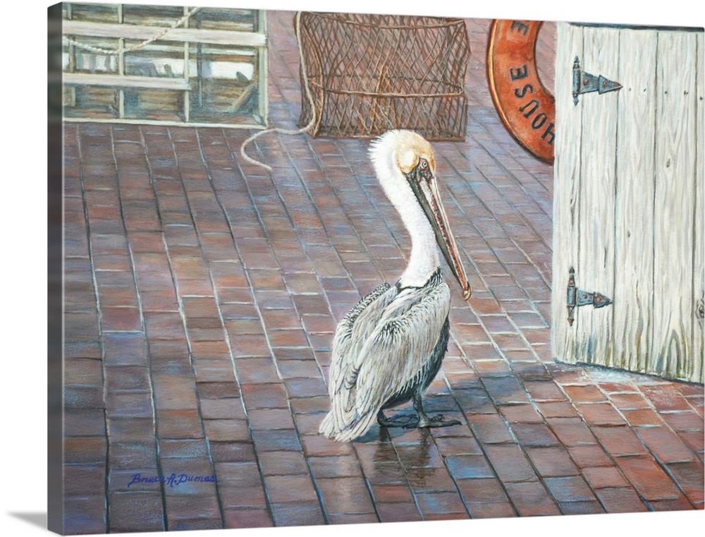 Contemporary painting of a pelican wandering on a dock, investigating a wooden door.