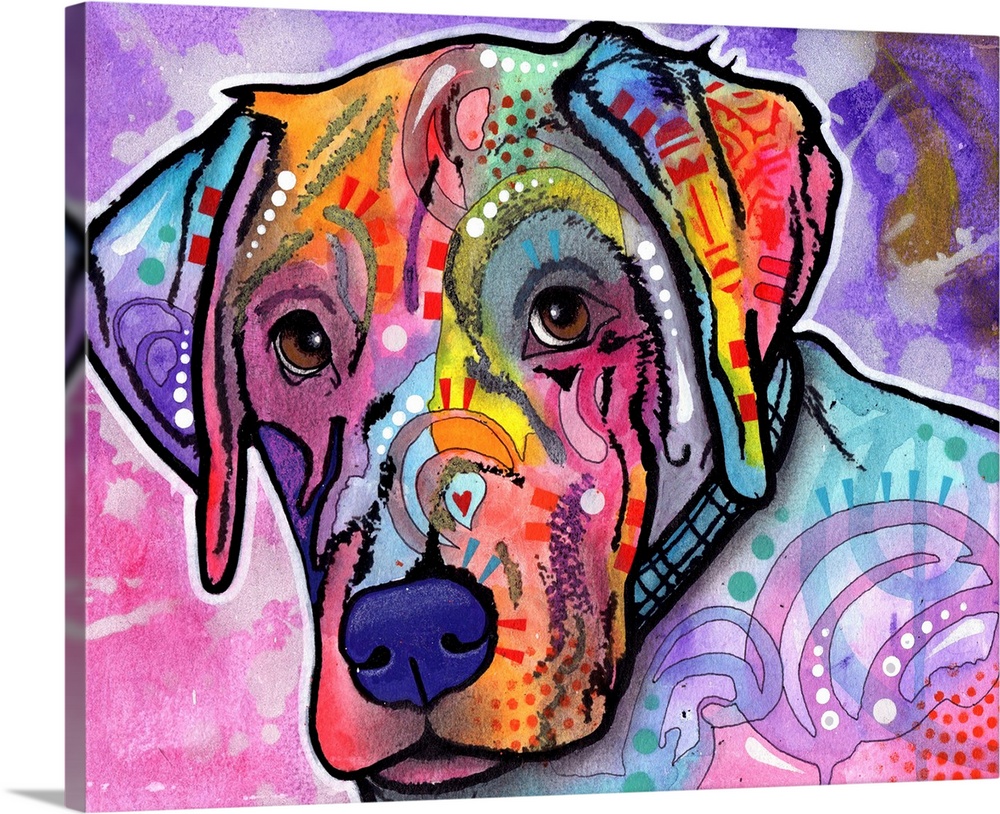 Colorful painting of a dog with abstract markings on a pink and purple background with gray paint splatter.