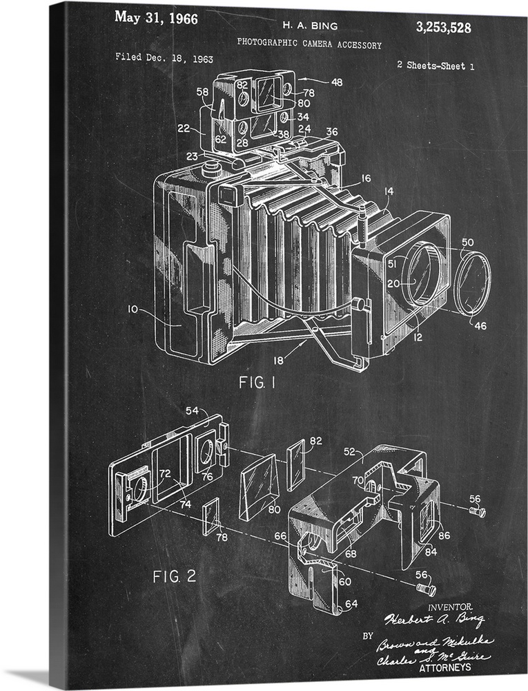 Black and white diagram showing the parts of a vintage camera.
