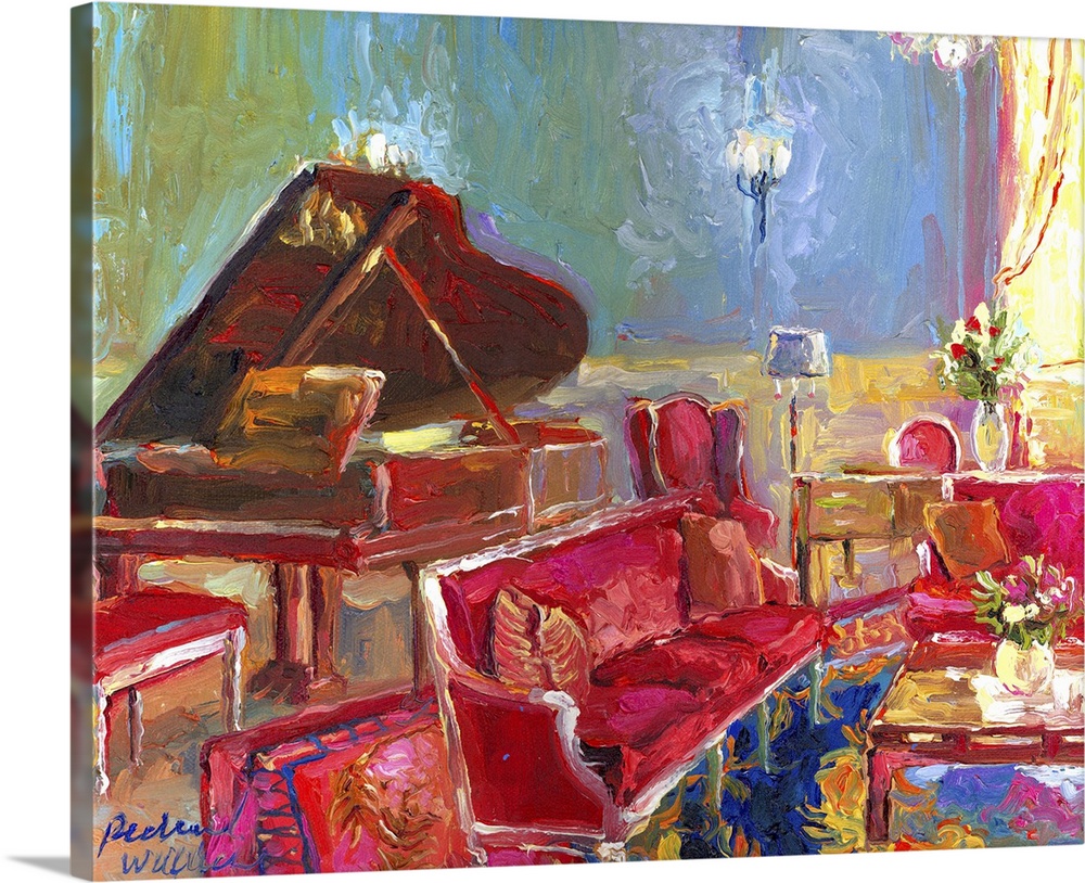 Contemporary colorful painting of a fancy room interior with a piano.