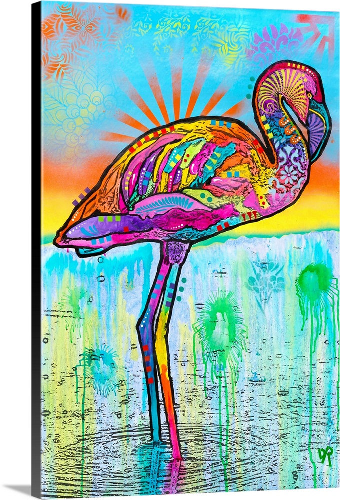 Contemporary stencil painting of a flamingo filled with various colors and patterns.