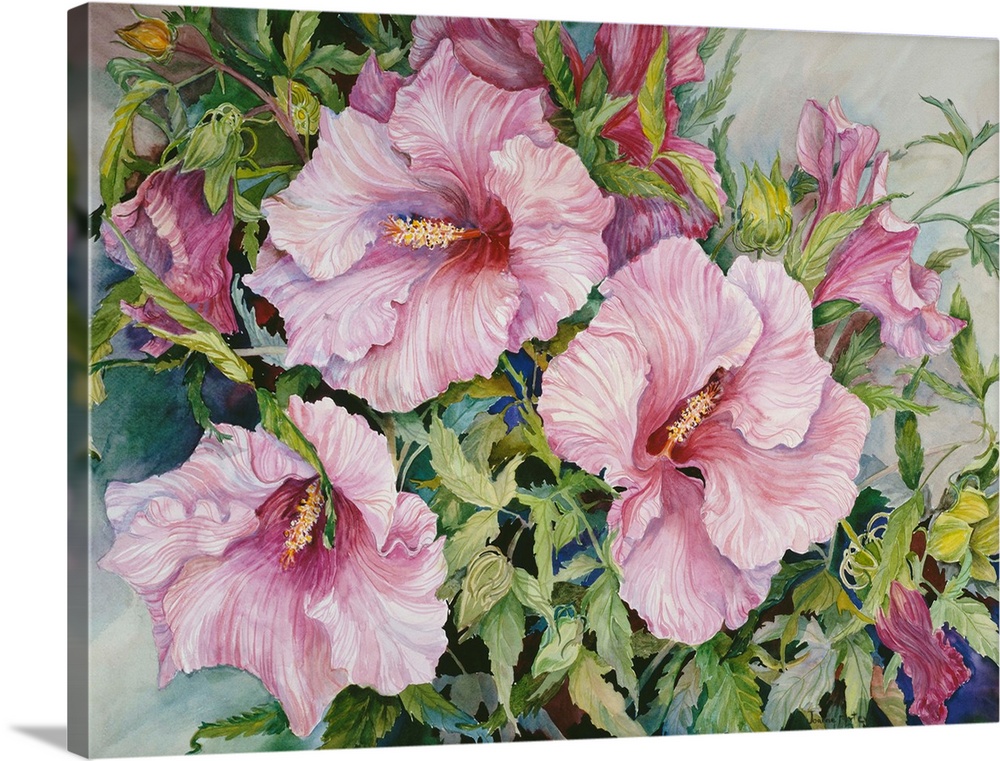 Colorful contemporary painting of bright pink hibiscus flowers.