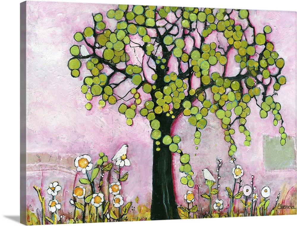 Lighthearted contemporary painting of a tree against a pink background.