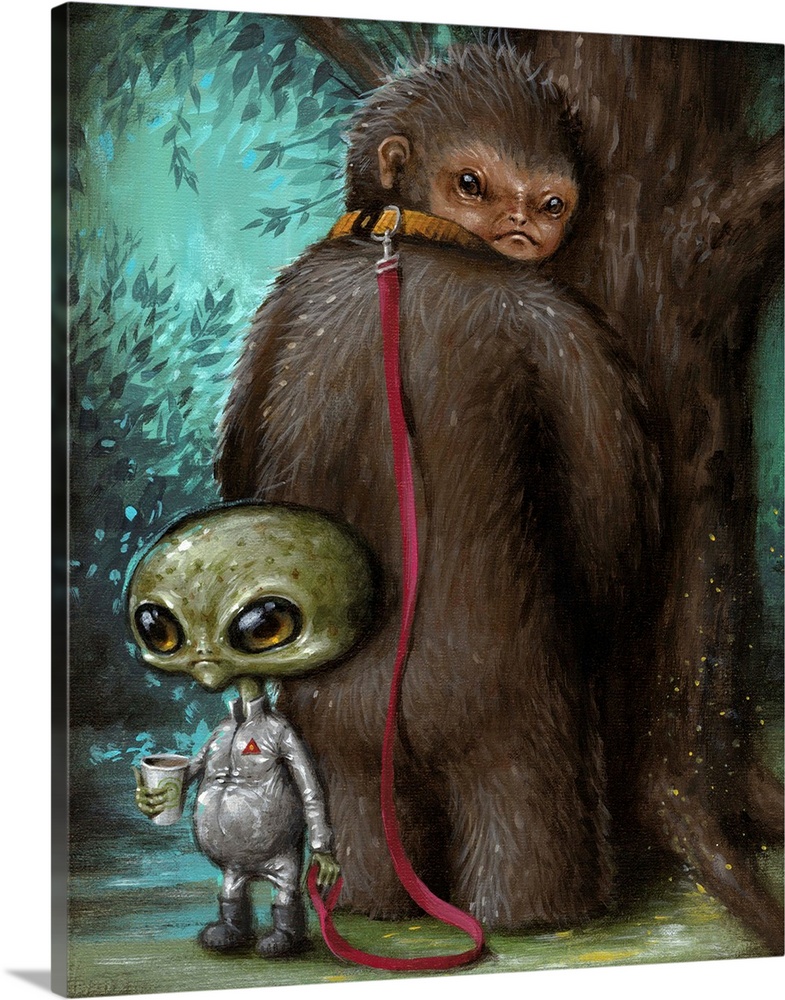 Surrealist painting of an alien holding a leash attached to a creature resembling a Sasquatch standing by a tree.