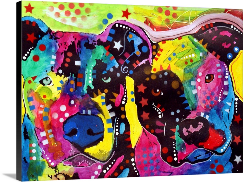 Contemporary stencil painting of two pit bulls filled with various colors and patterns.