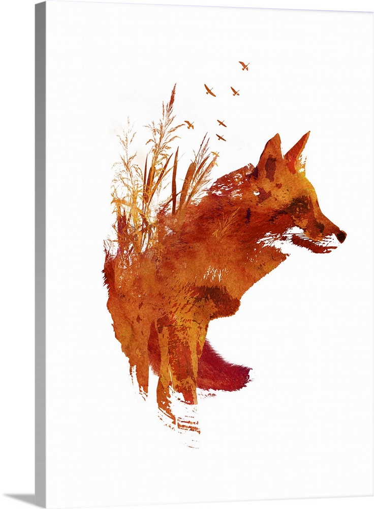 Contemporary artwork of a red fox with paint splatters streaming off it.