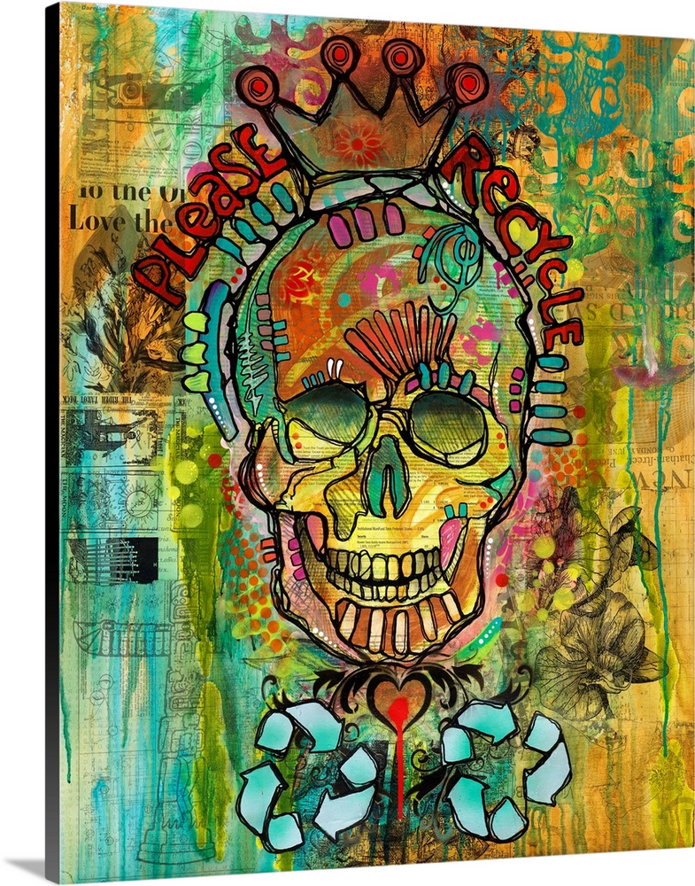Colorful illustration with a skull wearing a crown and "Please Recycle" written around it on a collage background with new...