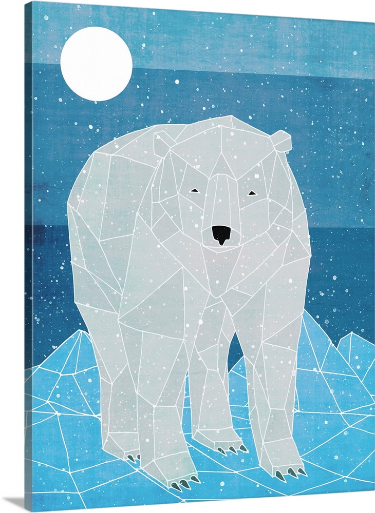 Illustration of a polar bear created with geometric shapes in shades of grey and blue.