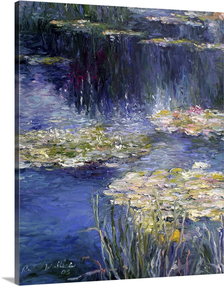 Contemporary painting of a pond filled with water lilies.