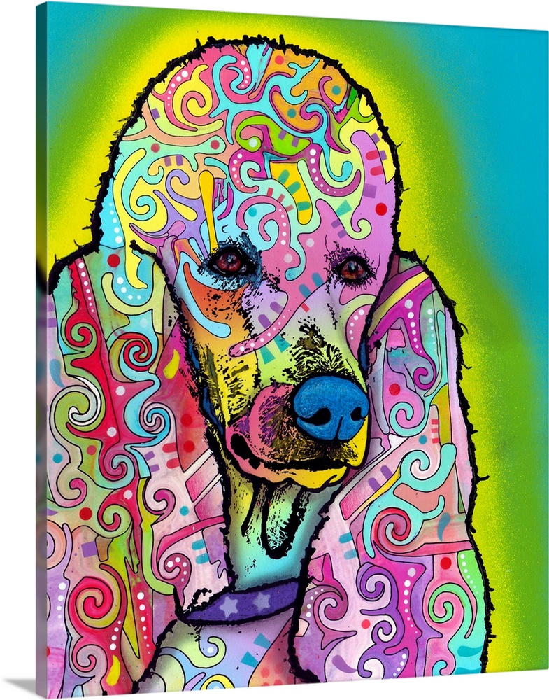 Pop art style painting of a colorful poodle with abstract designs all over on a blue background with a green and yellow sp...