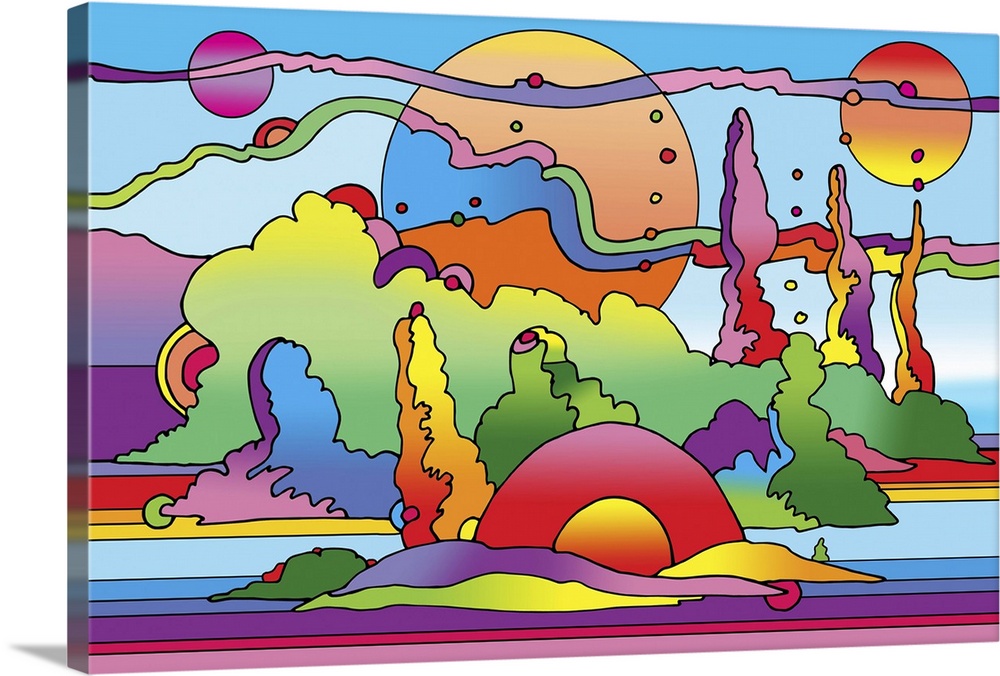 Contemporary artwork of a sci-fi inspired colorful landscape.