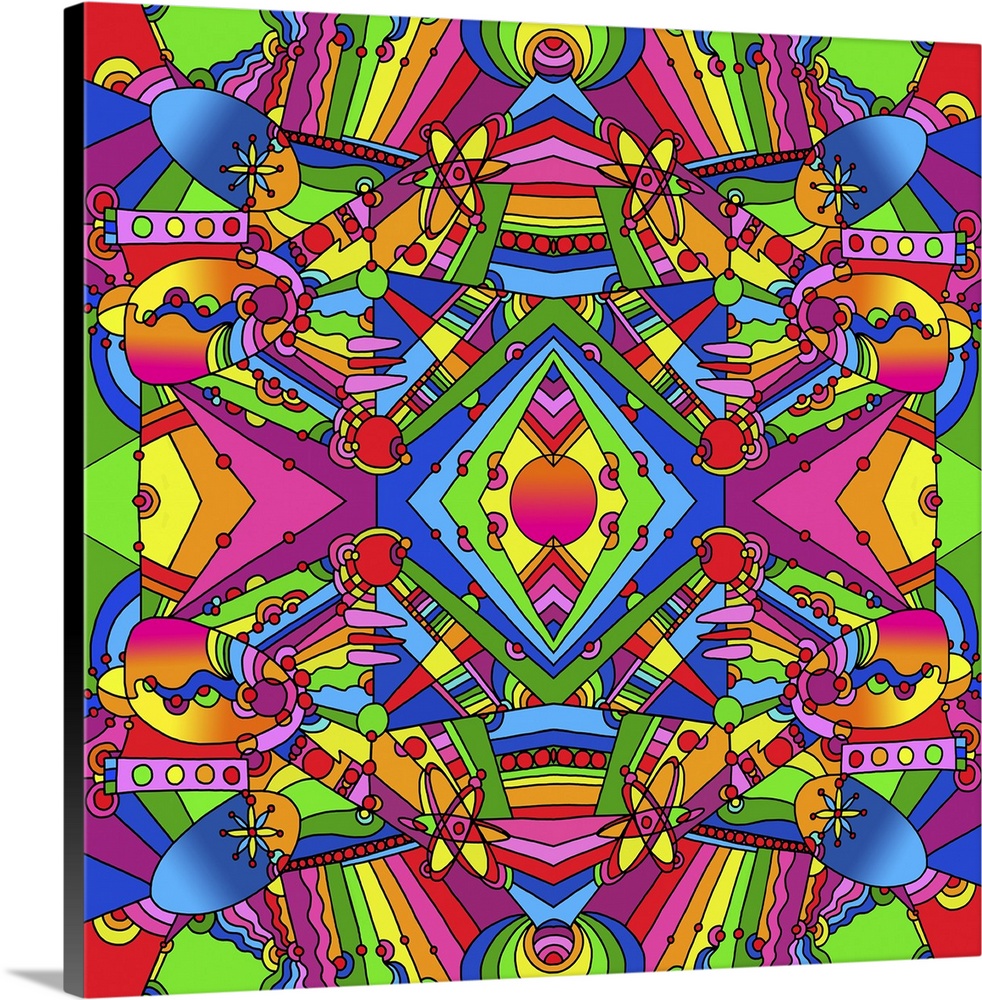 Contemporary artwork of a kaleidoscope-like image with mirrored colorful shapes.