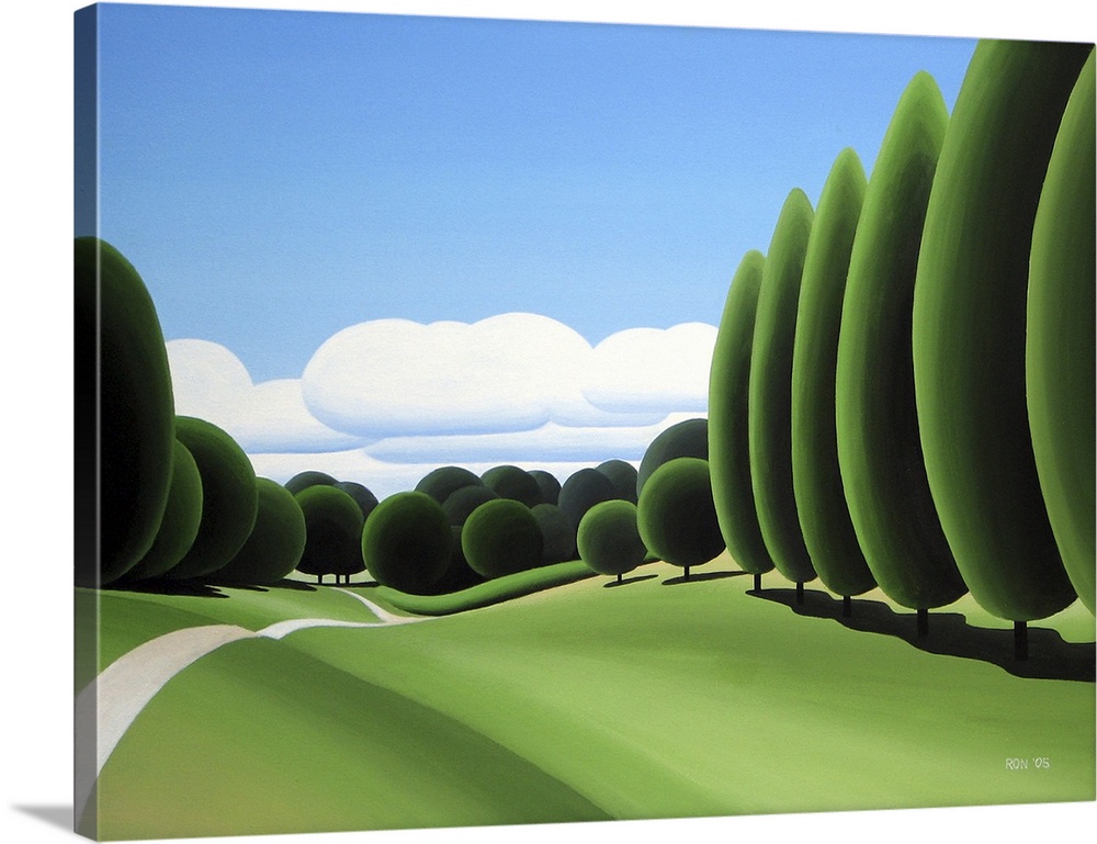 Contemporary painting of a green field with trees.