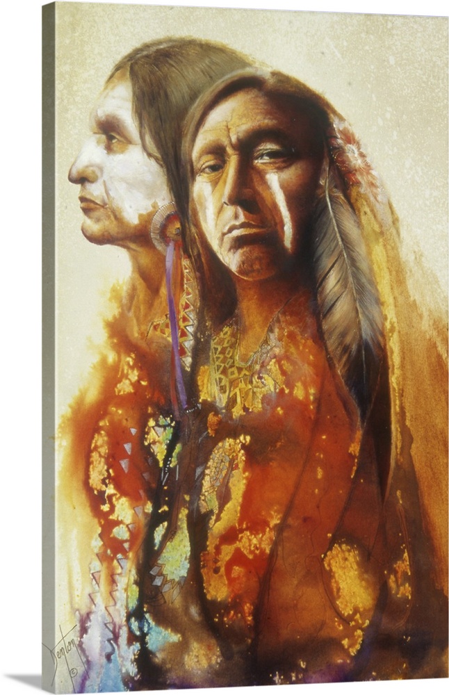A contemporary painting of two Native American men seen with vibrant dripping colors streaming down from them.