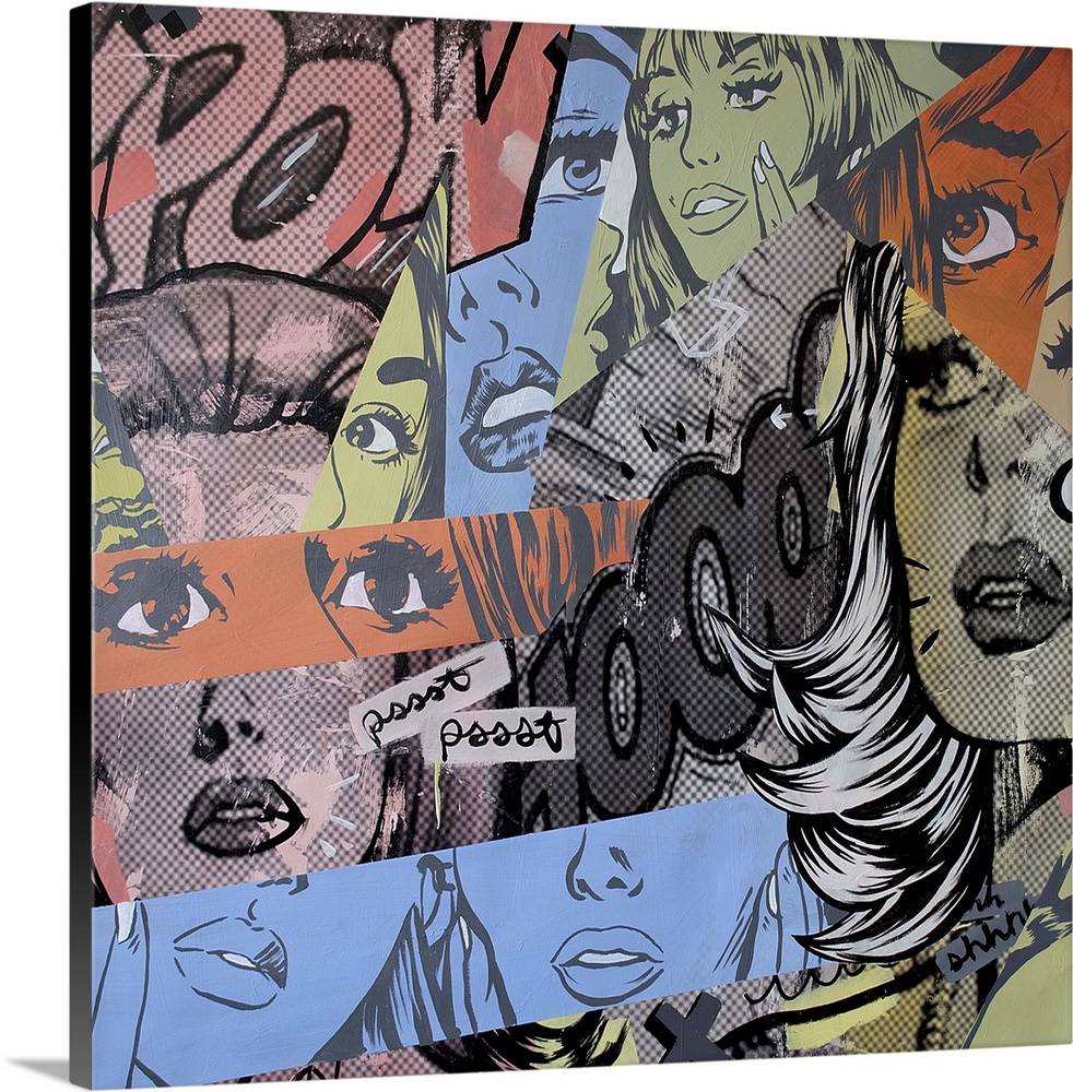 Pop art composed of comic illustrations and bold text, reminiscent of Lichtenstein.