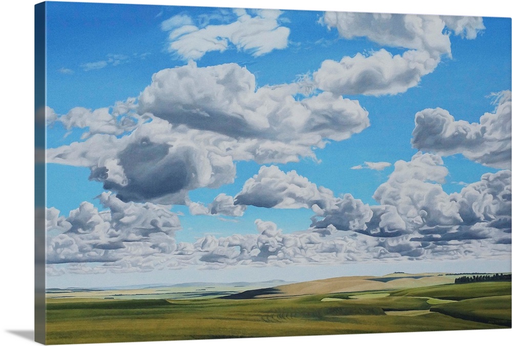 Contemporary painting of an idyllic landscape with fluffy clouds overhead.