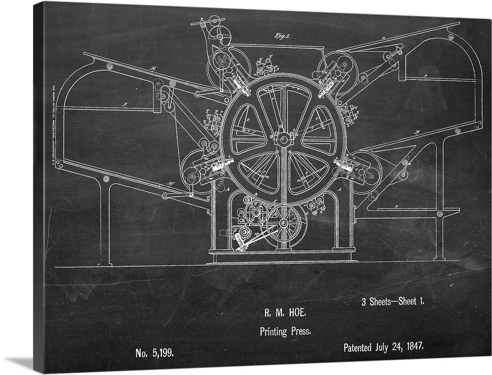 Black and white diagram showing the parts of a printing press.