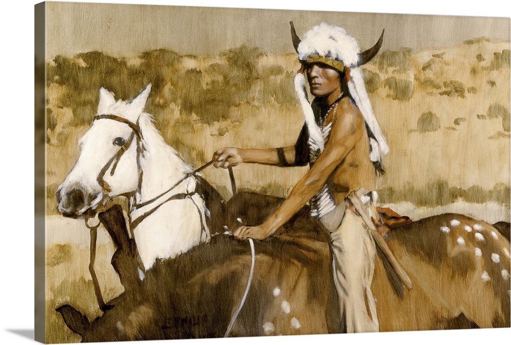 Contemporary western theme painting of a native american on horseback.