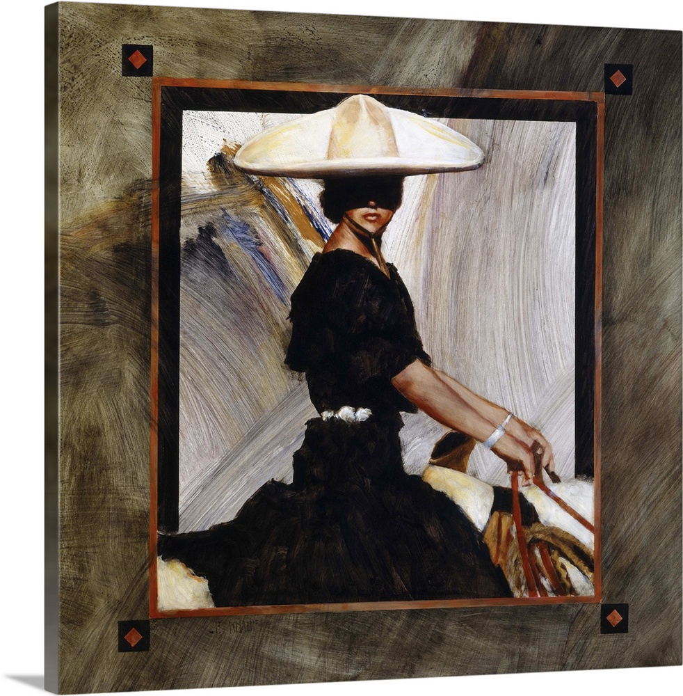 Contemporary western theme painting of a woman in a black dress wearing a large western hat, with a harsh shadow across face.