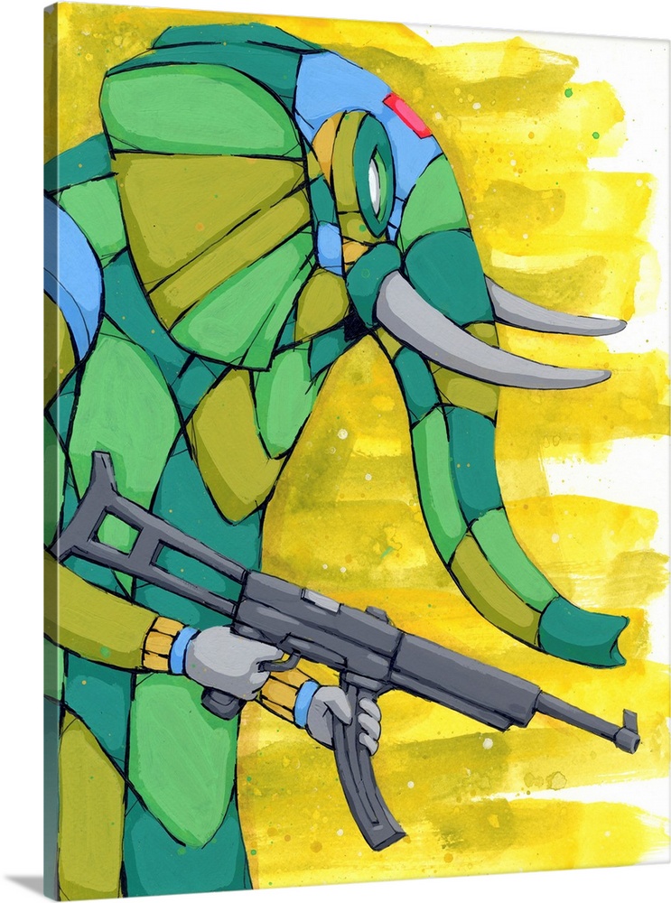 Geometric painting of an elephant carrying a gun, using camouflage colors and a bright yellow background.