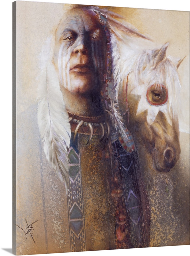 A contemporary painting of a Native American man with a horse seen behind him.