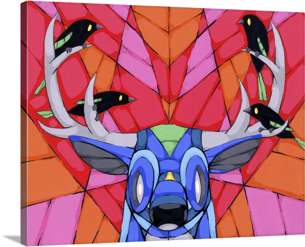 Pop art painting of a deer with four little birds resting on its antlers.