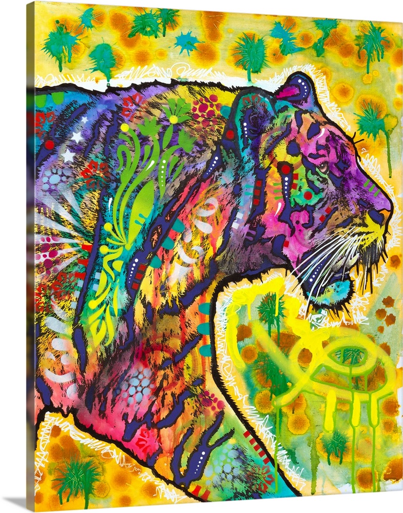 Contemporary stencil painting of a tiger filled with various colors and patterns.