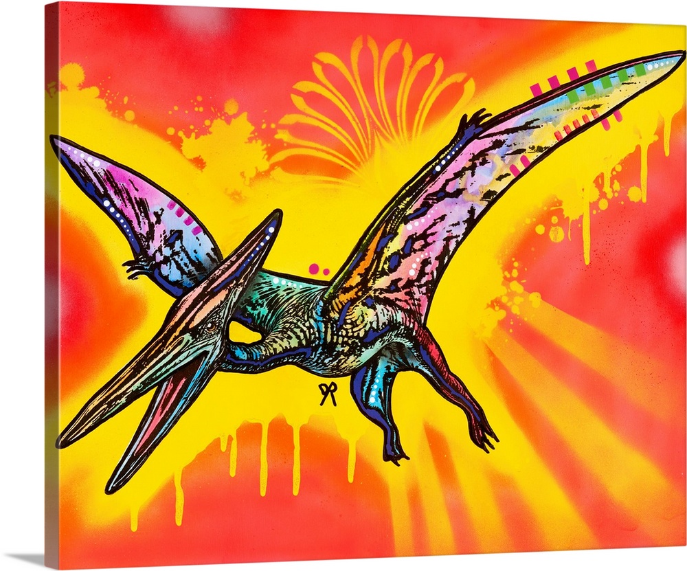 Colorful painting of a Pterodactyl on a bright red and yellow spray painted background