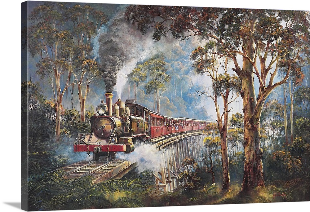 Contemporary painting of a train passing through a countryside landscape.