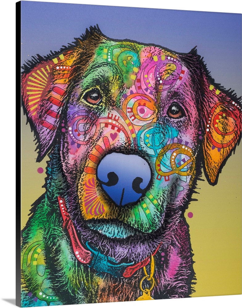 Pop art style painting of a colorful Labrador with graffiti-like designs on a blue and yellow background.