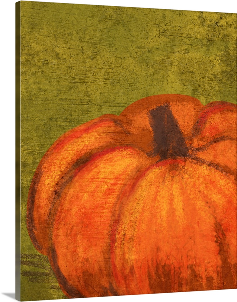 A single pumpkin on a rustic green cracked background.