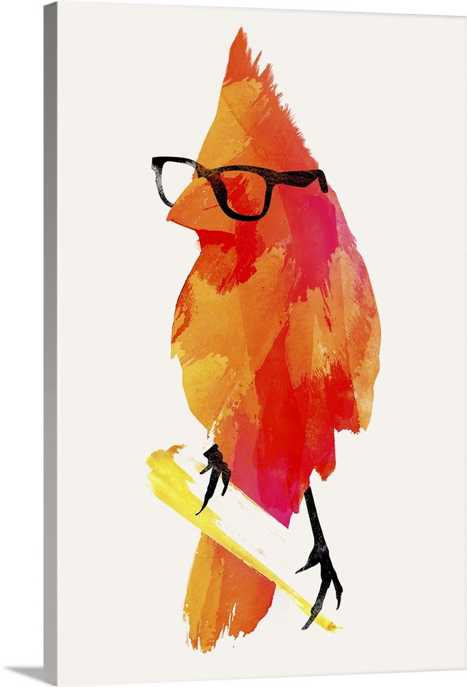 Contemporary artwork of a cardinal wearing a pair of black rim glasses.