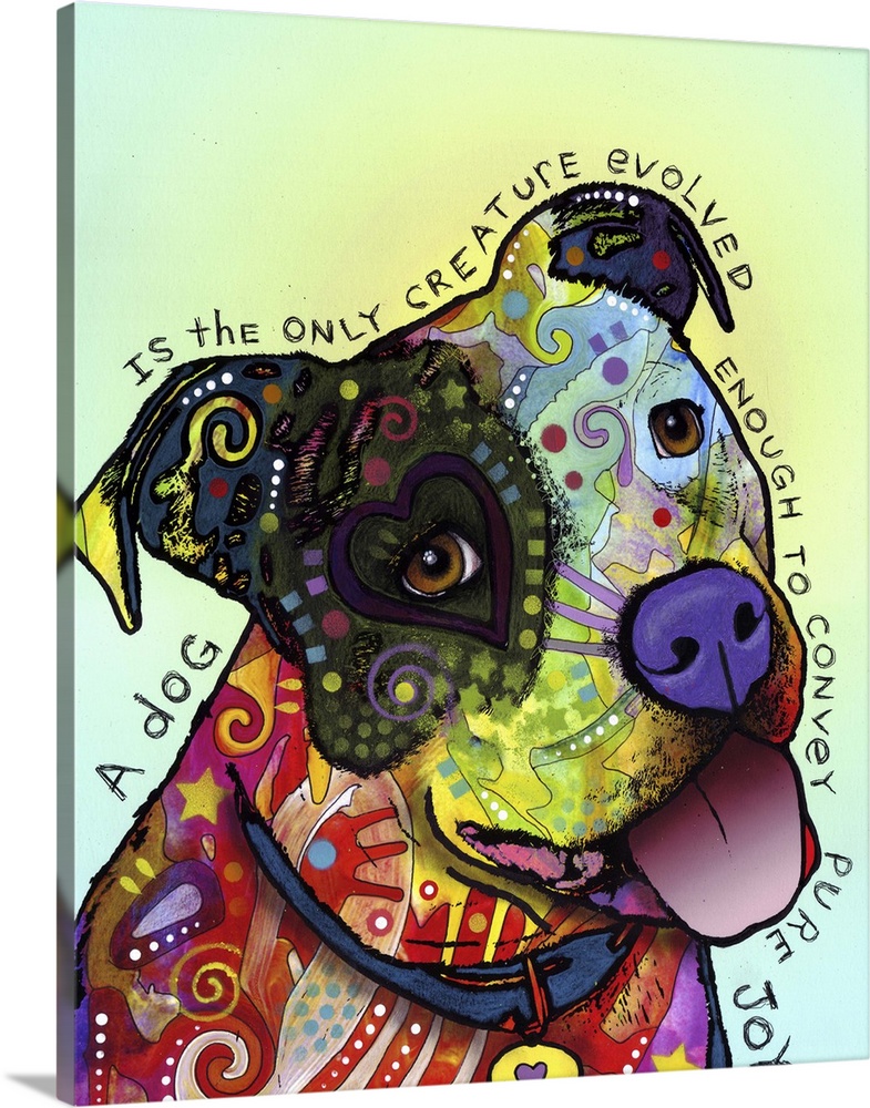 Contemporary abstract painting of a dog with various patterns and colors representing his fur.