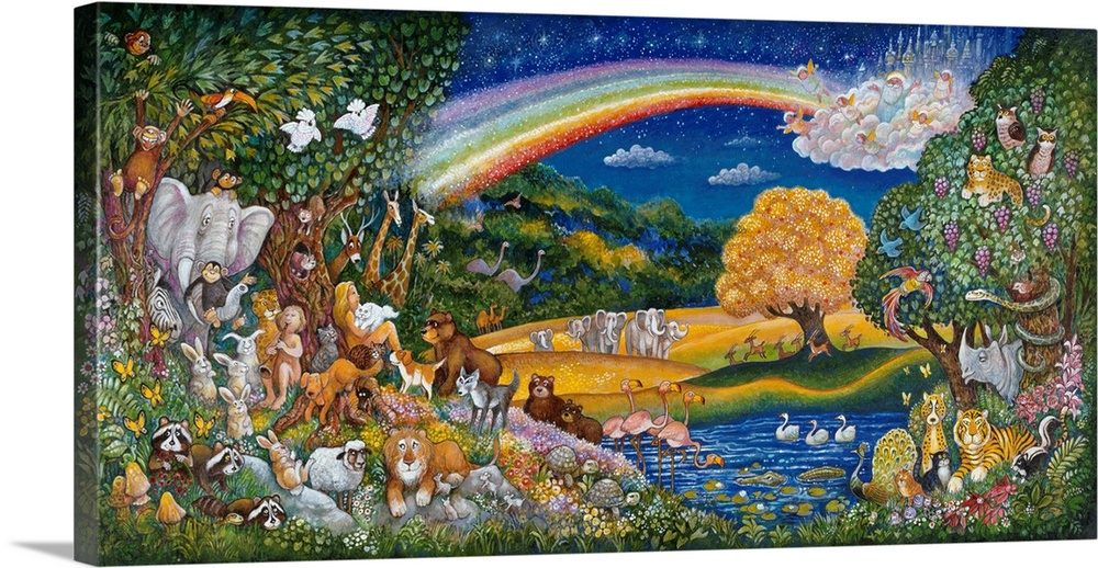 Animals next to water with a rainbow in the sky.
