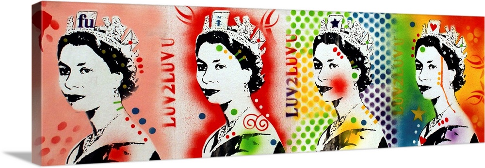 Panoramic graffiti-like print with four images of Queen Elizabeth in a row with different spray painted backgrounds.