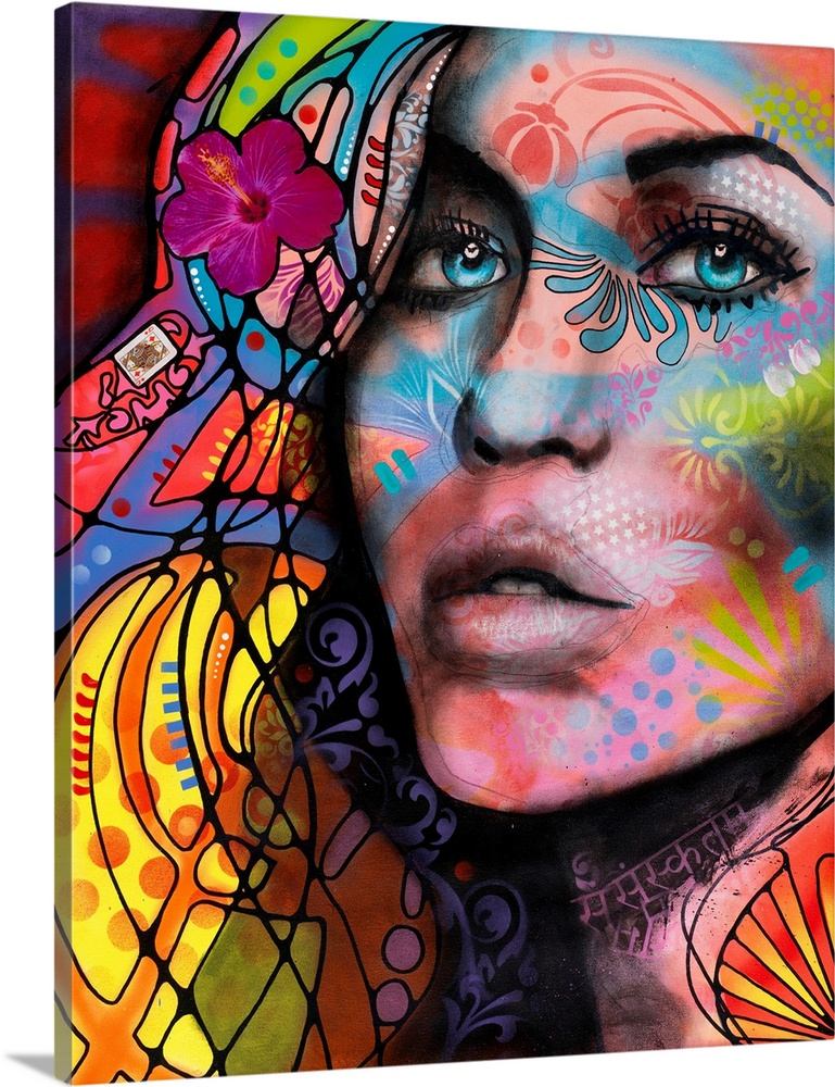 Abstract illustration of a woman's face and flowing hair with colorful graffiti-style markings.