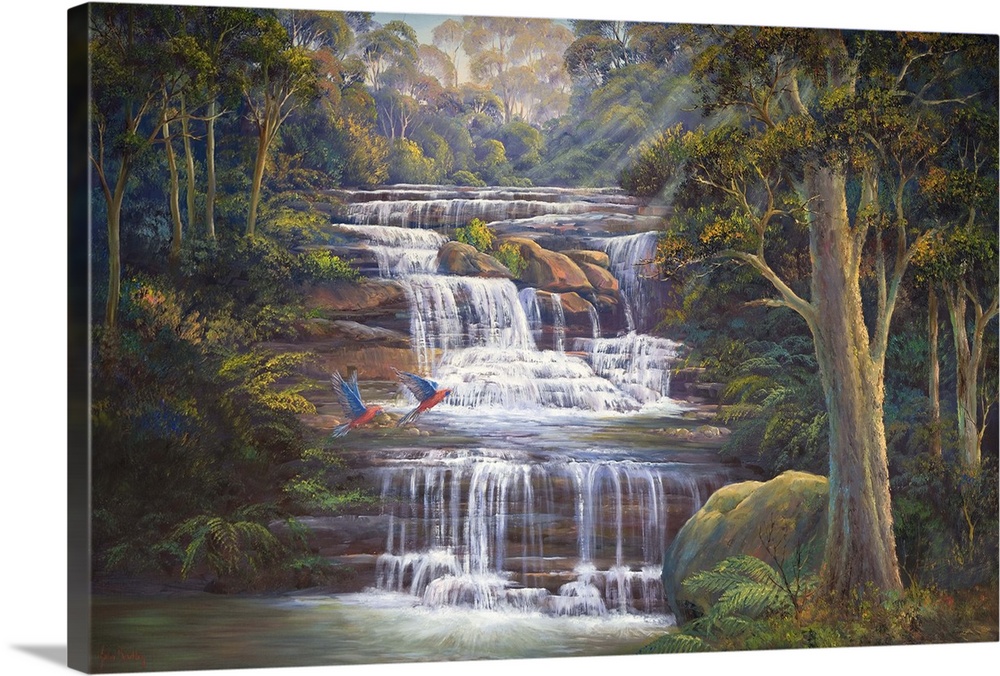 Contemporary painting of a forest river cascading down over rocks.