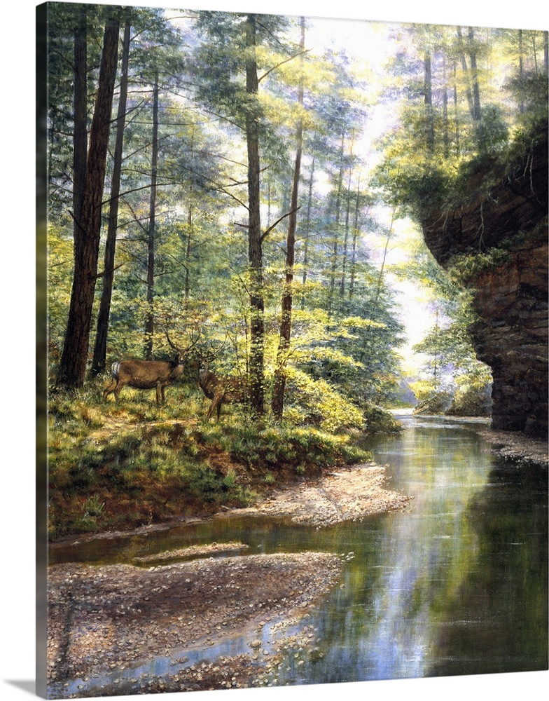 Contemporary painting of a stream running through a forest.