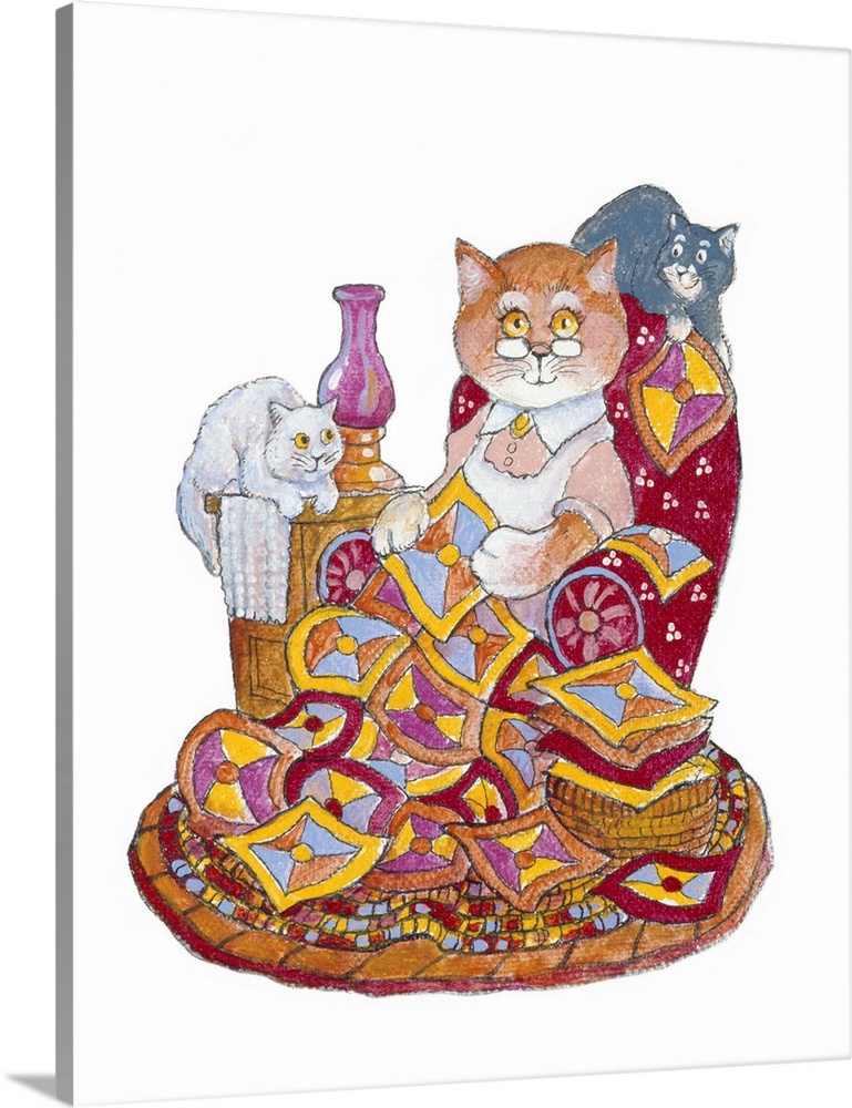 Cat in spectacles sits in arm chair quilting, surrounded by two pet cats.