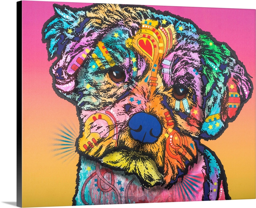 Colorful painting of a dog with sad eyes and graffiti-like designs on a pink and yellow background.