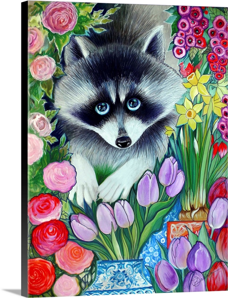 Watercolor painting of a cute raccoon among tulips.