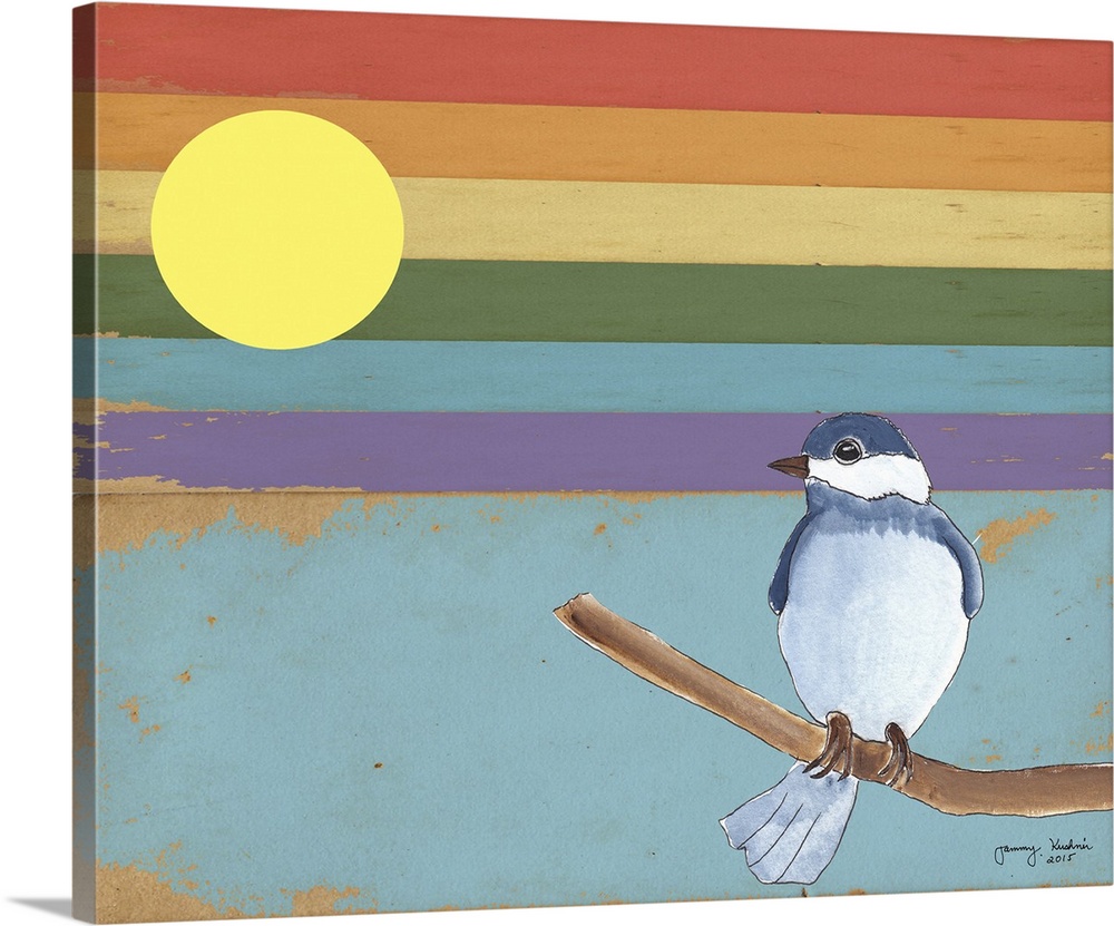 Drawing of a bird on a striped rainbow background.