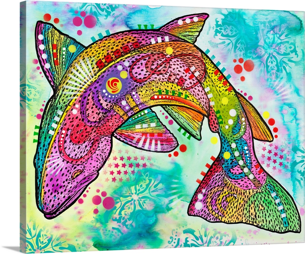 Colorful illustration of a rainbow trout swimming with abstract markings all over.