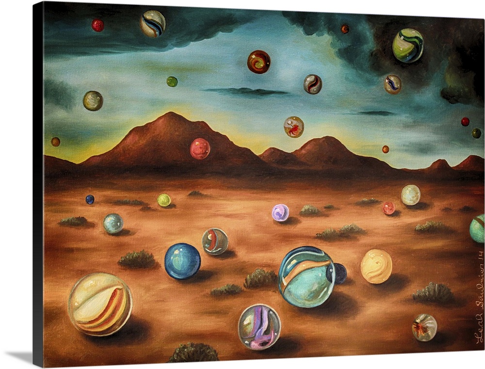 Surrealist painting of a desert landscape with marbles raining down from the sky.