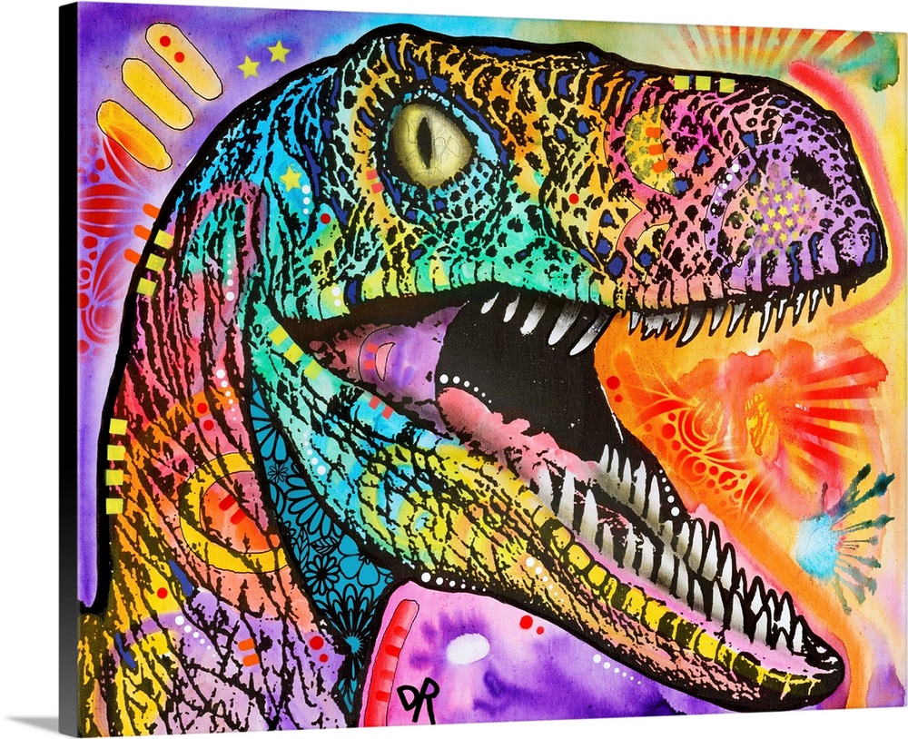 Colorful illustration of a raptor surrounded by abstract designs.
